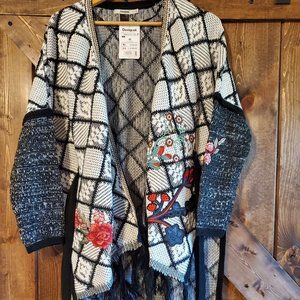 *NWT* Desigual Cape/Cardigan Embroidered Abstract Pattern and Floral Sweater Siz